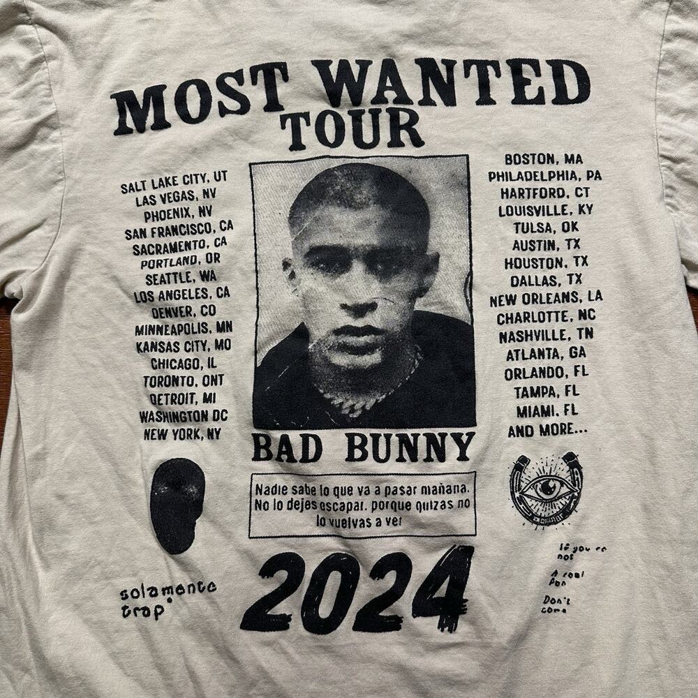 Bad Bunny Most Wanted Tour T Shirt Unisex S Beige Long Sleeve Concert Music City - Picture 4 of 13